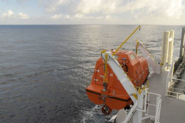 Bir kargo gemisinin cankurtaran botu yer çekimi tahsilatında sallanıyor. Gemi deniz yolunda ilerlerken beşik fırlatılıyor.