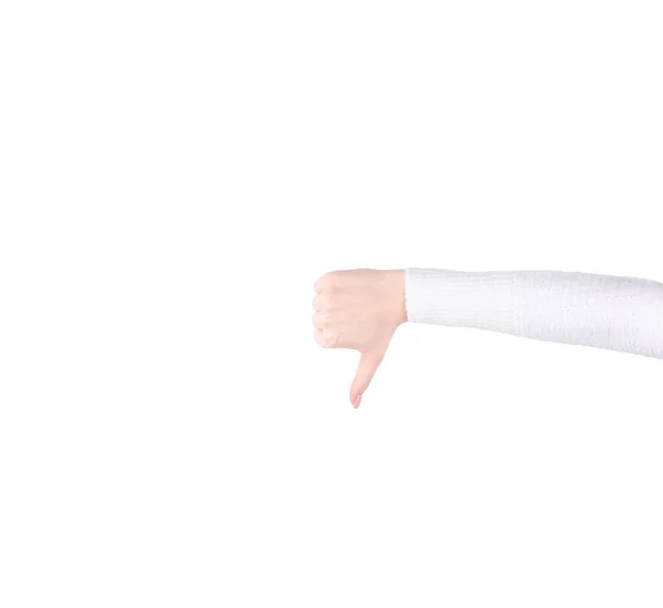 高加索女人的右手拳头指着大拇指朝下 与白色隔离 — 图库照片