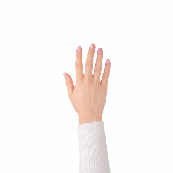 高加索女人的手 粉红明亮的指甲 白色孤立 — 图库照片