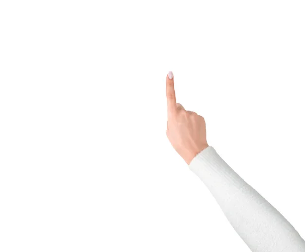 Beyaz Tenli Bir Kadın Işaret Parmağıyla Beyaz Üzerine Işaret Ediyor — Stok fotoğraf