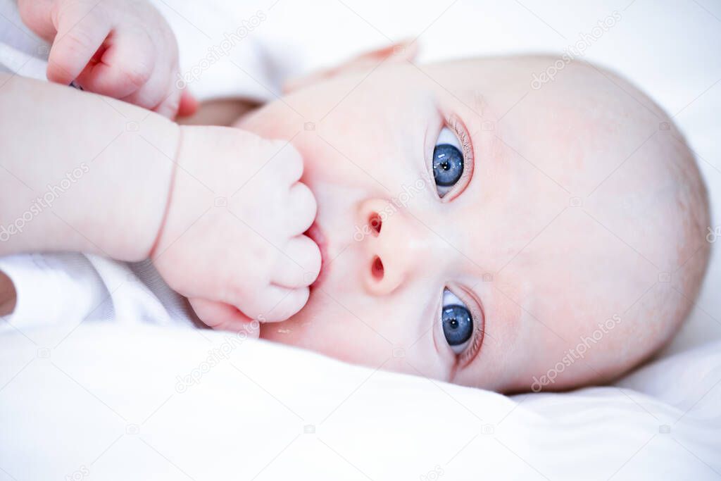 portrait of blue eyed baby infant closing mouth with fist close up view