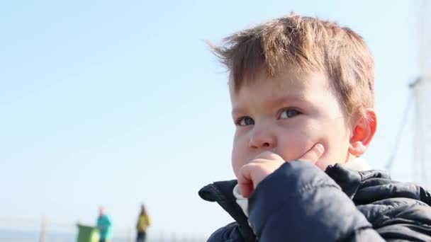 Portrait de garçon triste bouleversé enfant debout seul à l'extérieur en manteau bleu — Video
