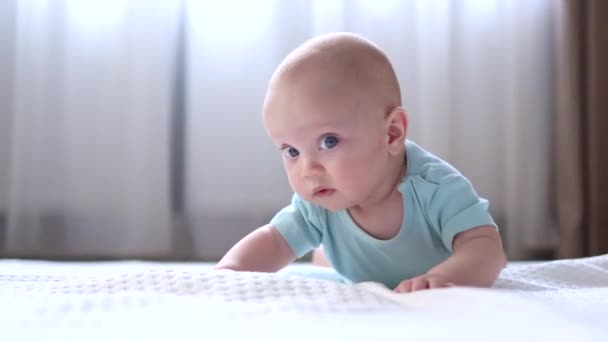 Infant baby lying on the stomach playing looking to the camera — Wideo stockowe