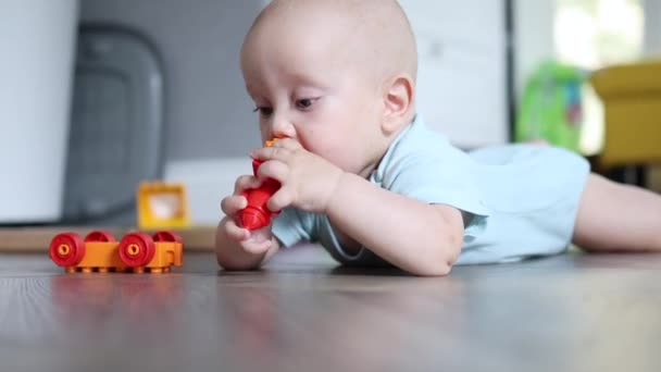 Pequeno bebê de 6 meses deitado no chão de madeira na barriga ou estômago brincando com brinquedos — Vídeo de Stock