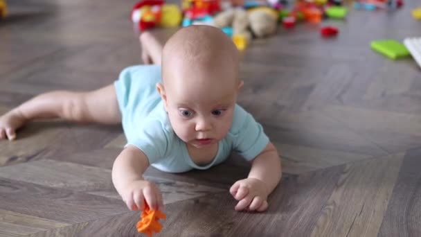 Pequeno bebê bebê bebê de 6 meses tentando mentir no chão de madeira brincando com brinquedos — Vídeo de Stock