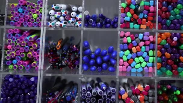 Řady barevných pestrobarevných per a tužek na trhu školních potřeb — Stock video