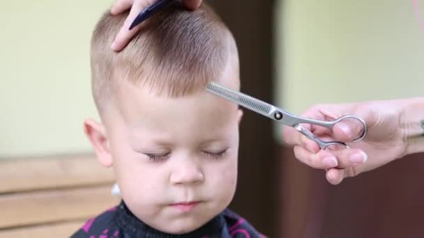 Närbild av framsidan porträtt av en liten pojke med slutna ögon samtidigt få frisyr med sax — Stockvideo