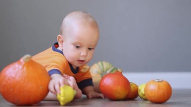 Turuncu elbiseli güzel mavi gözlü bebek balkabaklarının arasında oturuyor ve sebzelerle oynuyor.