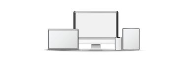 Beyaz arkaplanda monitör, dizüstü bilgisayar, tablet ve akıllı telefon.