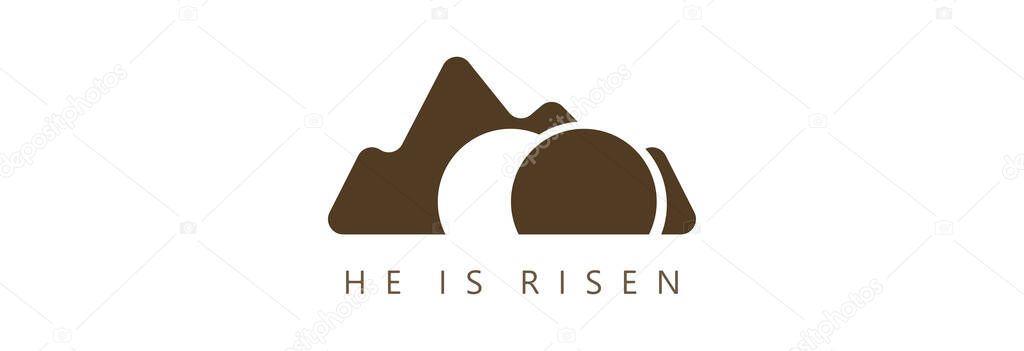 He is risen, the tomb of Christ on a light background. badge.