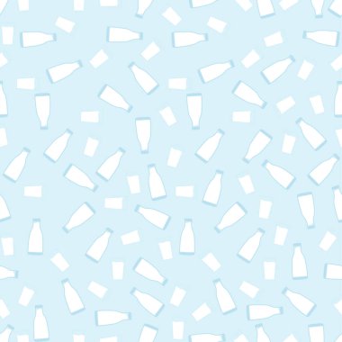 Mavi arka planda bir şişe süt ve bir bardak süt. Kusursuz desen. 