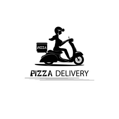 Scooter 'la pizza teslimatı. Pizza dağıtım servisi, beyaz arkaplanda simge. 