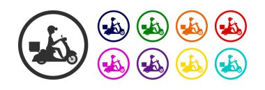  Teslimat servisi. Direksiyonda kuryesi olan bir scooter, farklı renklerde bir ikon. Yuvarlak simge. 