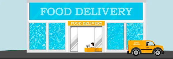 Sipariş Yemek Teslimatı Kız Siparişi Kabul Eder Kurye Siparişi Müşteriye — Stok Vektör