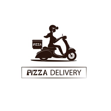 Scooter 'la pizza teslimatı. Pizza servisi, beyaz arka planda kahverengi simge.