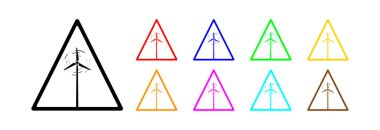  Dikkat yel değirmeni. Eko rüzgar enerjisi, farklı renklerde simge. 