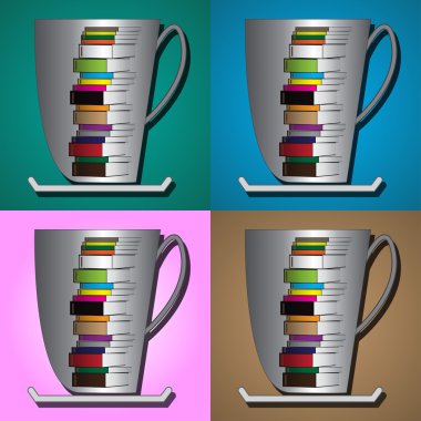 Bir fincan kahve ve bir kitap yeşil, mavi, kahverengi ve pembe b