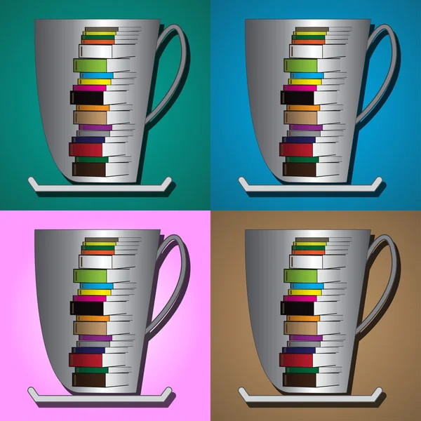 A cup of coffee and a book on the green, blue, brown, and pink b — Stock Vector