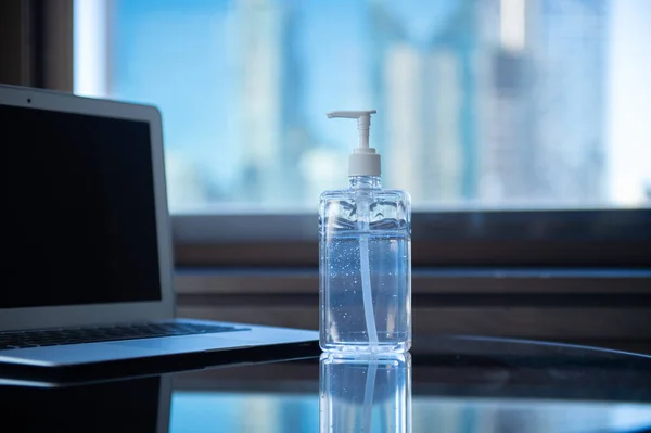 Hand Sanitizer Standing Table Front Laptop Office — Stock Photo, Image