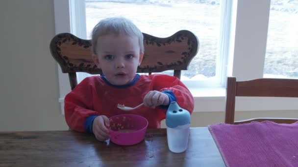 Bambino ragazzo mangiare la sua colazione — Video Stock