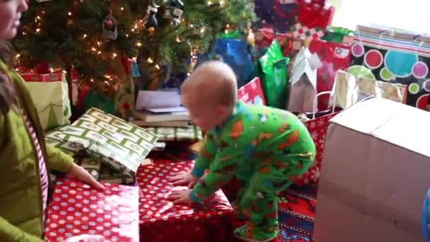 Família abrindo os presentes — стокове відео