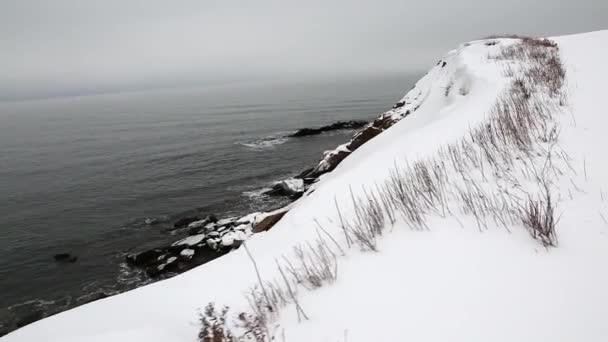 Nieve cubierta costa del océano — Vídeos de Stock