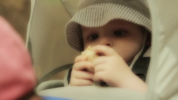 Baby eating lunch in backpack carrier — Stock Video