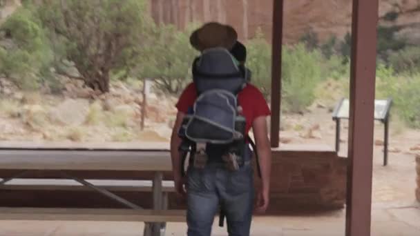 Hiking, yürümeye başlayan çocuk ile baba — Stok video