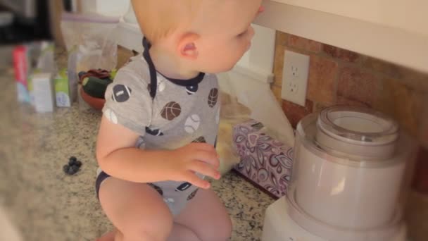 Bebê explorando na cozinha — Vídeo de Stock