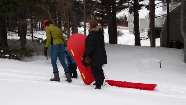 Familjen kälkåkning ner snöiga backen — Stockvideo