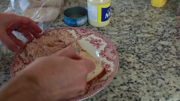 Homem prepara sanduíche — Vídeo de Stock