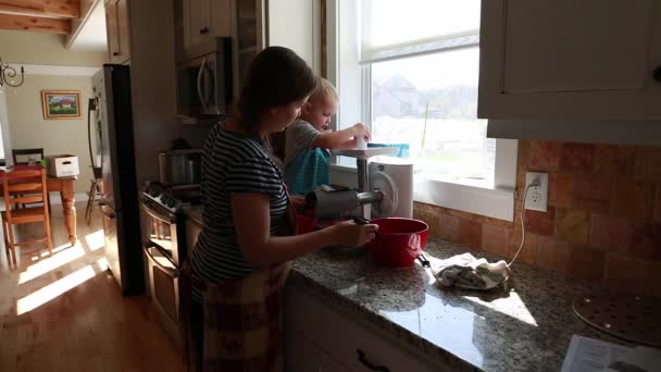 Una madre y un niño pequeño hacen salsa de tomate — Vídeos de Stock