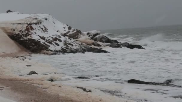 Una costa invernal en tormenta de nieve — Vídeos de Stock