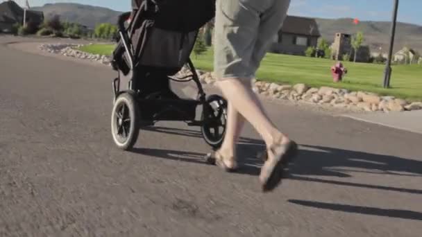Мать толкает ребенка в коляске — стоковое видео