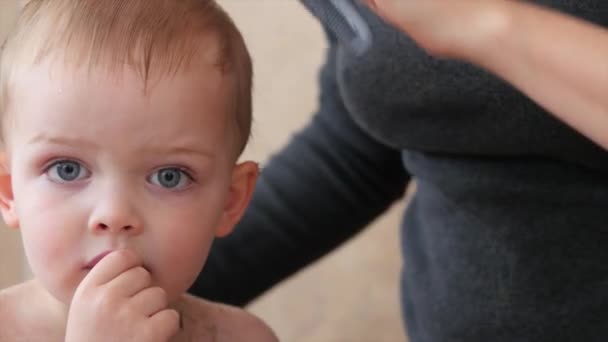 Vrouw snijdt haar van een peuter — Stockvideo