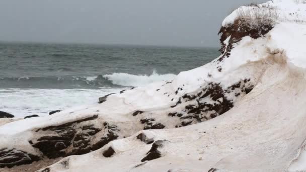 Зимнее побережье в снежную бурю — стоковое видео