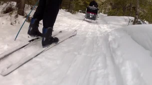 Люди катаются на лыжах с детьми — стоковое видео