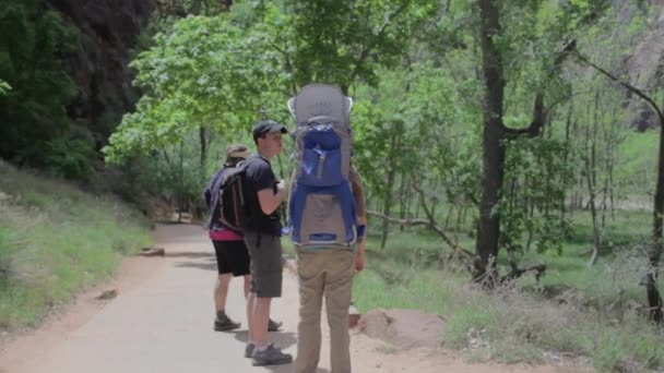 Caminhantes desfrutam de caminhada no parque — Vídeo de Stock