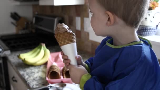 Menino comer sorvete de chocolate — Vídeo de Stock