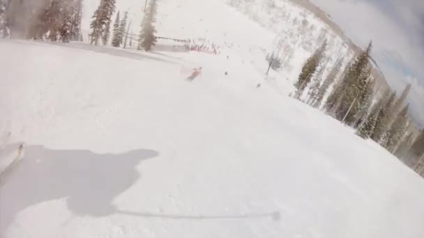 Чоловіки катаються на лижах на гірському курорті — стокове відео