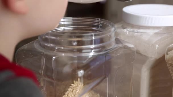 Toddler and mother fill containers — Stock Video