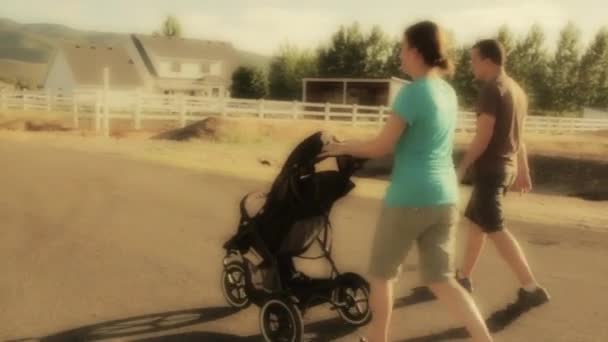 Woman pushing toddler in a stroller — Stock Video