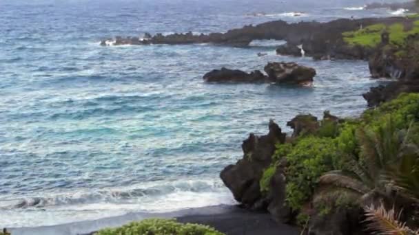 Black sand beach with a sea arch — Stock Video