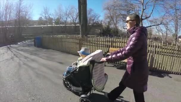 Madre empujando una silla de paseo — Vídeos de Stock