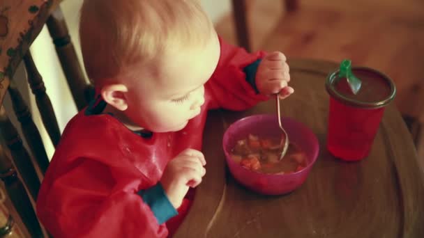 Маленький мальчик ест рагу — стоковое видео