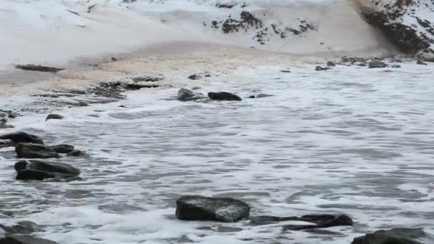 Зимняя сцена заснеженного побережья — стоковое видео