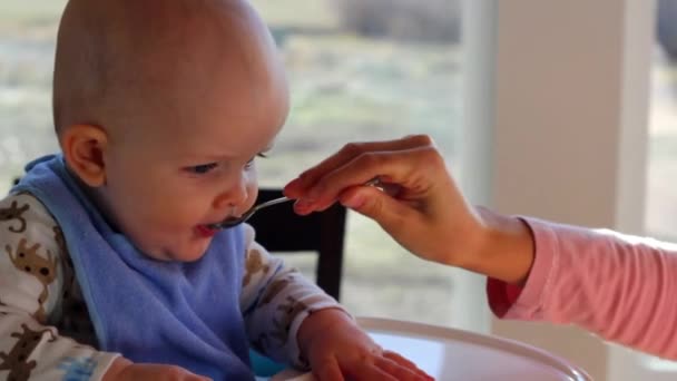 Un hermoso bebé siendo alimentado — Vídeos de Stock