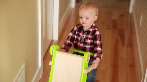 Menino brincando com seu brinquedo push — Vídeo de Stock