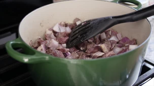 Browning carne y cebollas en una olla — Vídeo de stock