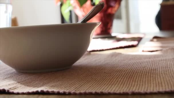 Empty soup bowl on table — Stock Video